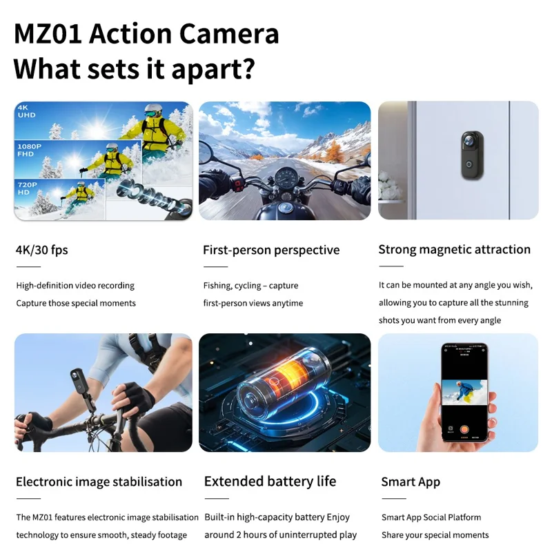 MZ01 4K Action Camera Wi-Fi HD Sports Mini Thumb Camera with Waterproof Case Electronic Stabilization Magnetic Recording Device - Black