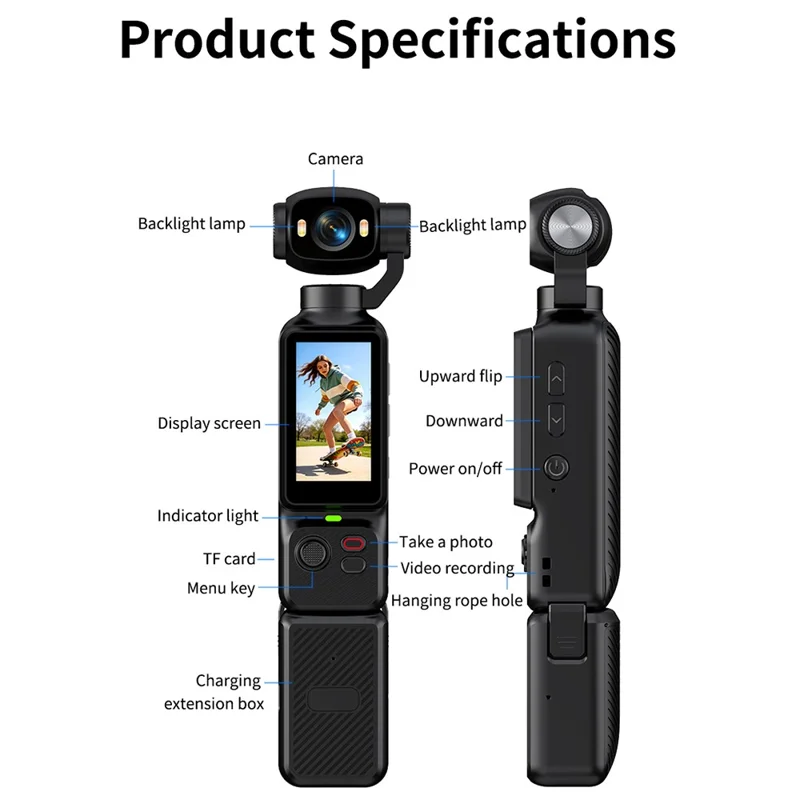 LK-033 1.97 Inch Action Camera 4K Handheld Vlog Video Recorder 180 Degree Flip Screen Sports Camera with Charging Case - Black
