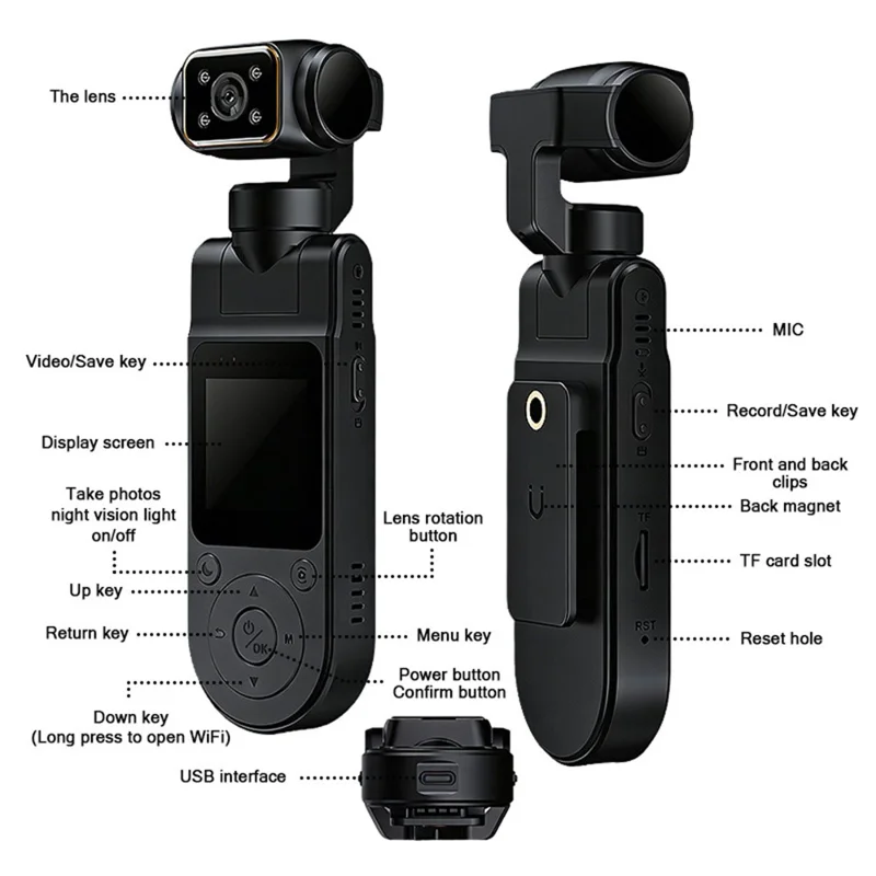 X20 Portable Action Camera 2K HD Recording 1.5 Inch IPS Screen 360 Degree Rotation Waterproof for Vlog Cycling - Black
