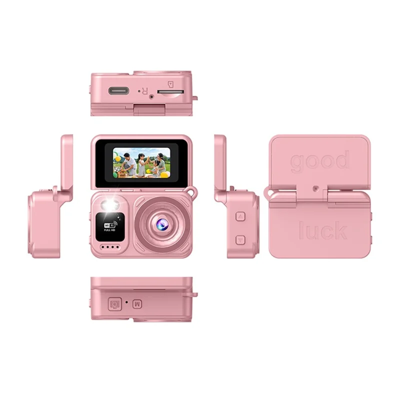 M5 Mini Camera 1.47 Inch Flip Screen Built-in Flash WiFi Full HD Portable Digital Camera for Kids - Pink