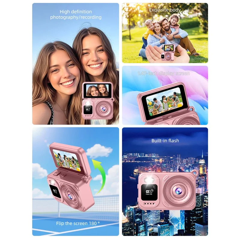 M5 Mini Camera 1.47 Inch Flip Screen Built-in Flash WiFi Full HD Portable Digital Camera for Kids - Pink