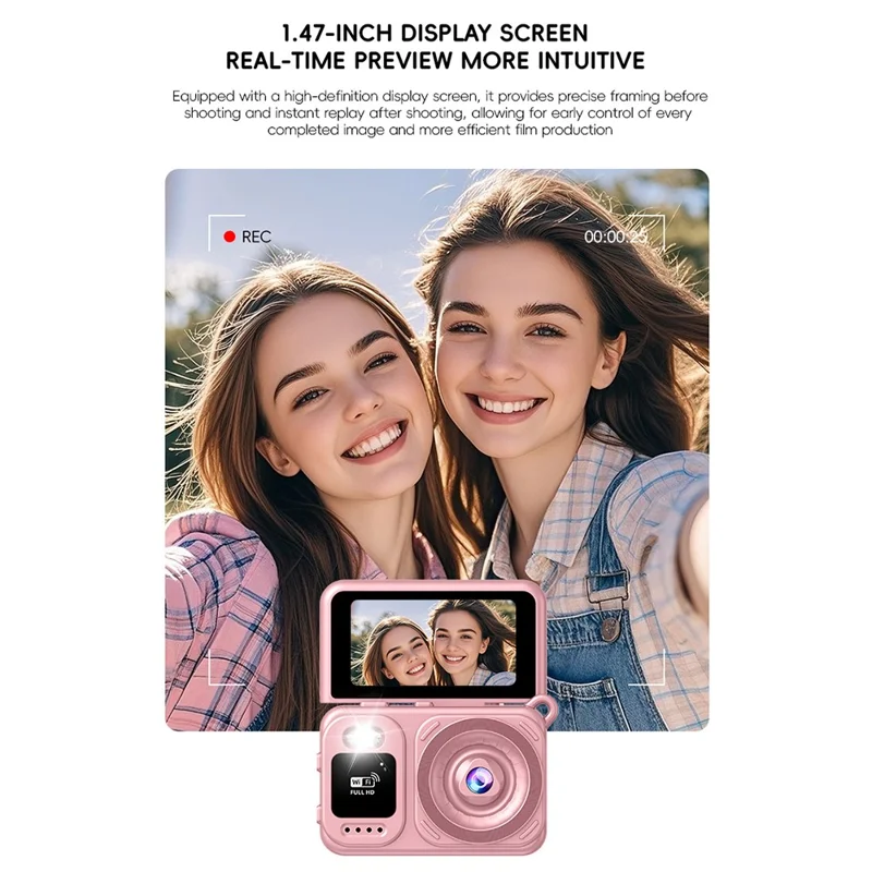 M5 Mini Camera 1.47 Inch Flip Screen Built-in Flash WiFi Full HD Portable Digital Camera for Kids - Pink
