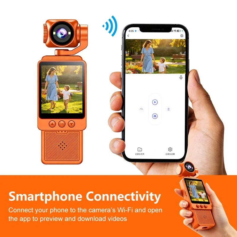 DV09 Pocket Camera 4K Ultra HD Roterende Lens WiFi Clip-on Videorecorder voor Vlogging Fietsen Reizen - Oranje