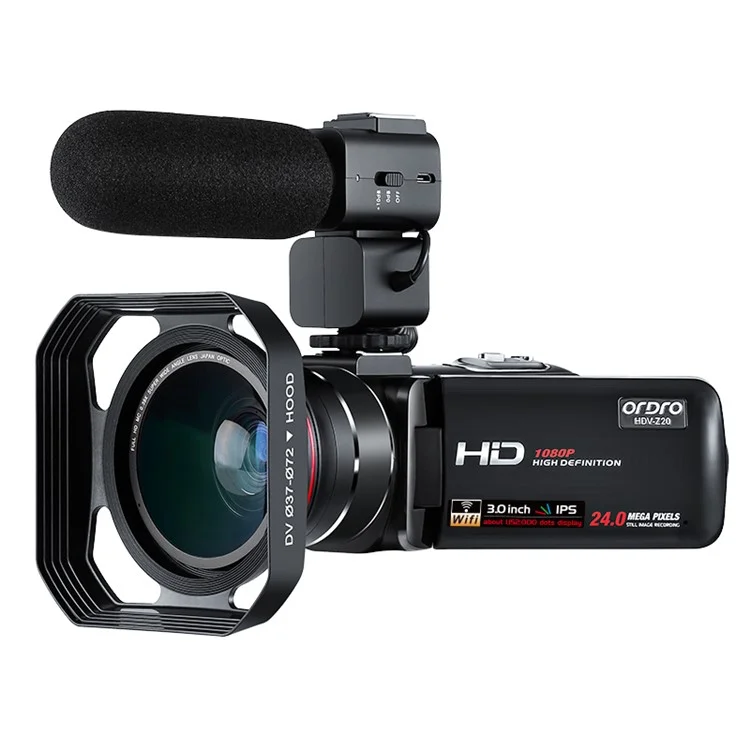 ORDRO Z20 3,0-Zoll-1080P-HD-Videokamera mit Nachtsicht-Digitalkamkorder mit Mikrofon und Lendhaube - US-Stecker