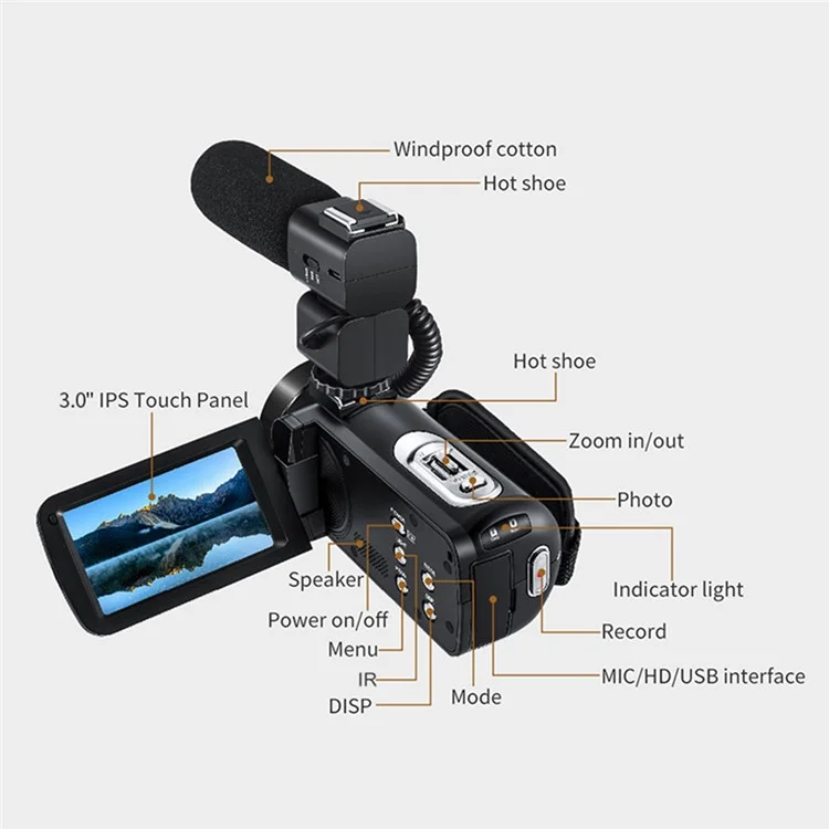 ORDRO Z20 3,0-Zoll-1080P-HD-Videokamera mit Nachtsicht-Digitalkamkorder mit Mikrofon und Lendhaube - US-Stecker