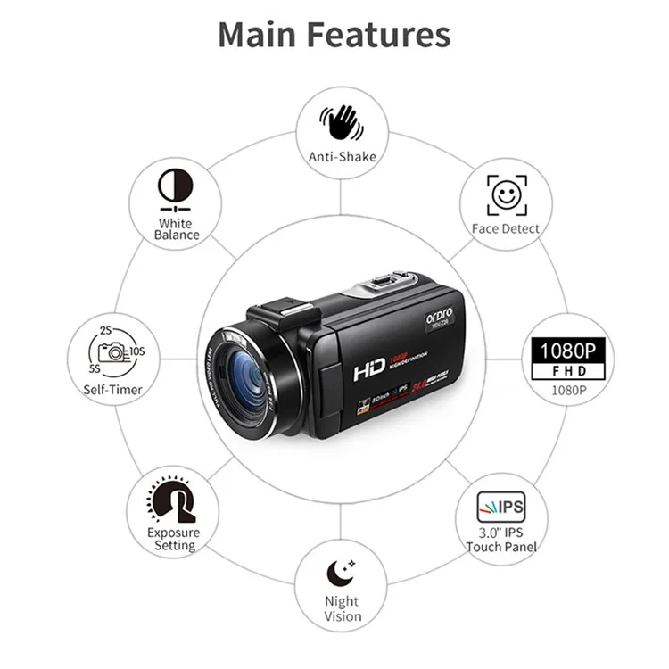 ORDRO Z20 3,0-Zoll-1080P-HD-Videokamera mit Nachtsicht-Digitalkamkorder mit Mikrofon und Lendhaube - US-Stecker