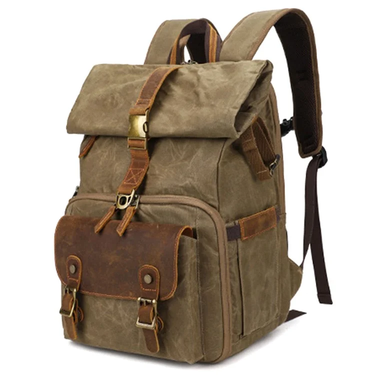 K-822 Waterproof Camera Bag Hiking Camping Canvas Rucksack Laptop Bag Travel Backpack - Khaki