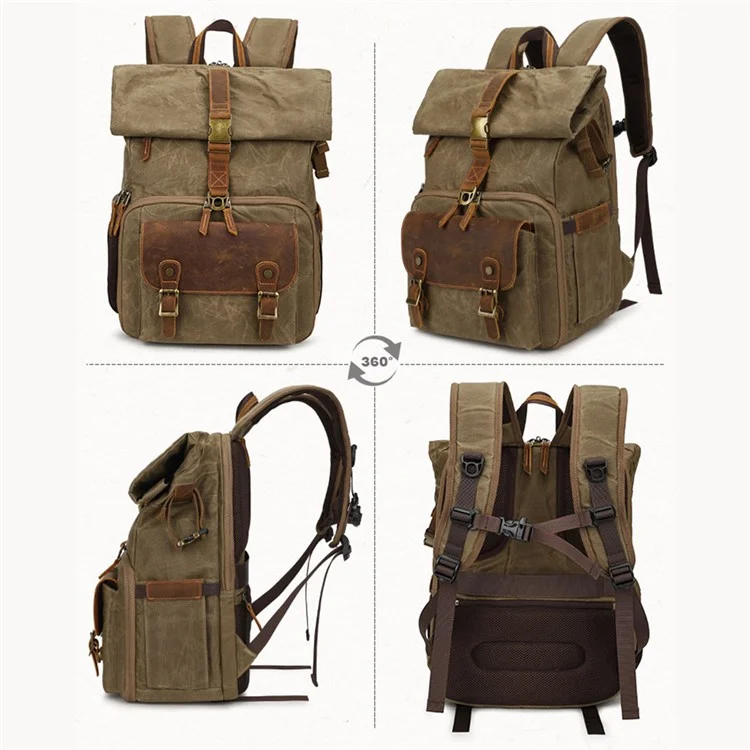 K-822 Waterproof Camera Bag Hiking Camping Canvas Rucksack Laptop Bag Travel Backpack - Khaki