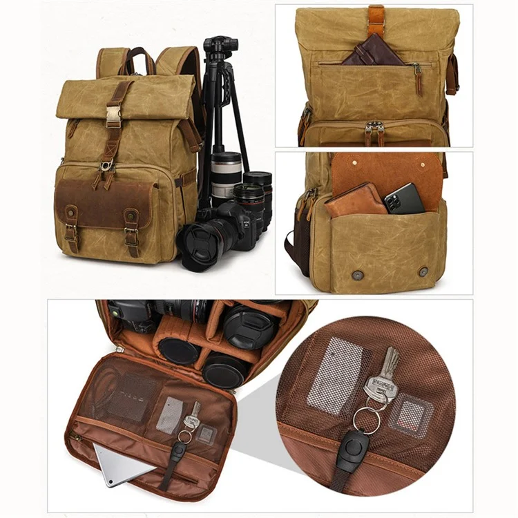 K-822 Waterproof Camera Bag Hiking Camping Canvas Rucksack Laptop Bag Travel Backpack - Khaki