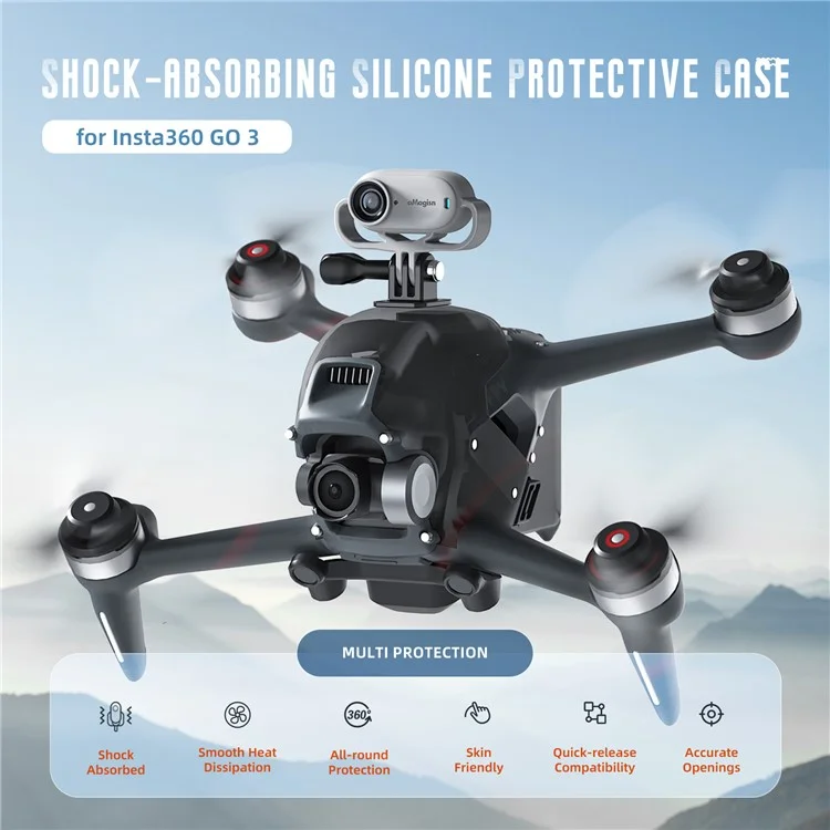 AMAGISN Shock Absorption Action Camera Silicone Case for Insta360 Go 3S - Black / Horizontal