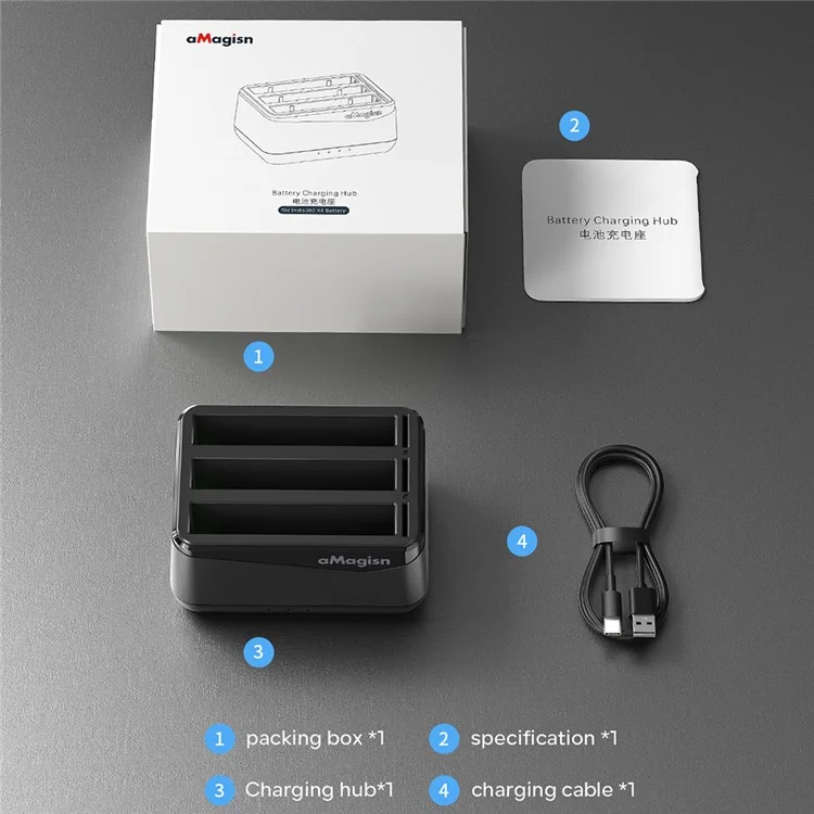 AMAGISN For Insta360 X4 Sports Camera 3-Slot Battery Charging Hub Memory Card Storage Case (No Battery)