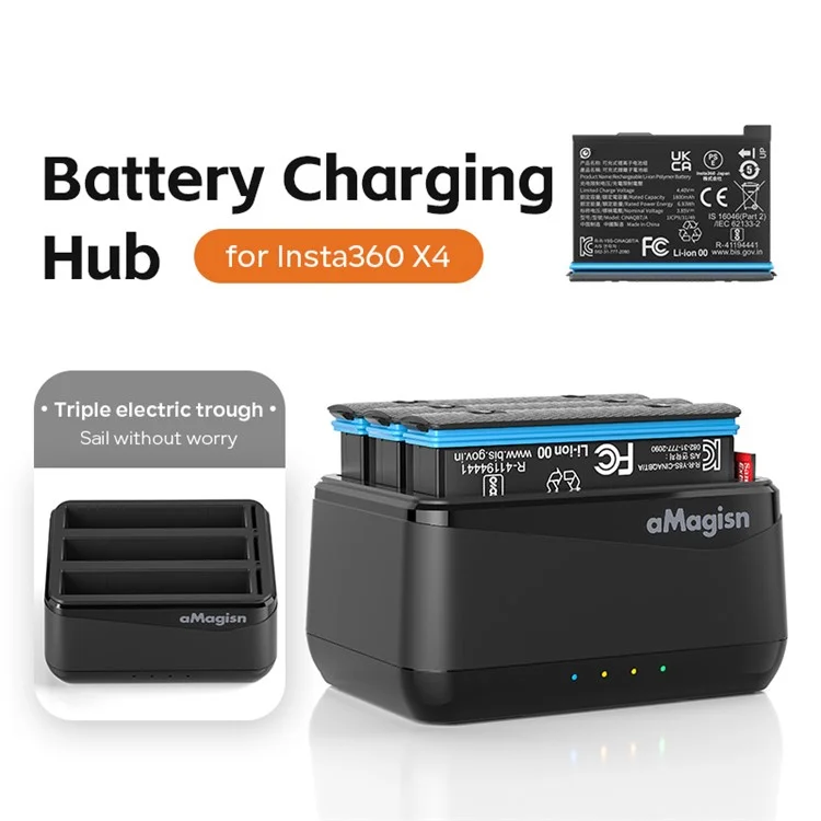 AMAGISN For Insta360 X4 Sports Camera 3-Slot Battery Charging Hub Memory Card Storage Case (No Battery)
