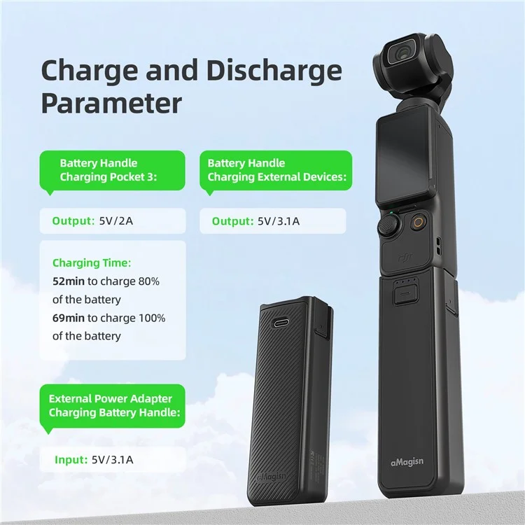 AMAGISN Pour DJI Osmo Pocket 3 Batterie Poignée 4500mAh Power Stick avec 1/4 Pouce Port de Montage