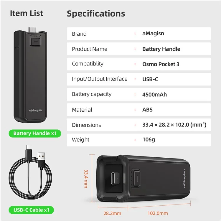 AMAGISN Pour DJI Osmo Pocket 3 Batterie Poignée 4500mAh Power Stick avec 1/4 Pouce Port de Montage