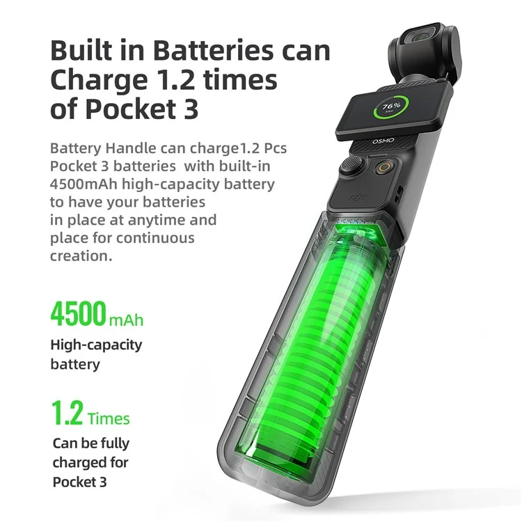 AMAGISN Pour DJI Osmo Pocket 3 Batterie Poignée 4500mAh Power Stick avec 1/4 Pouce Port de Montage