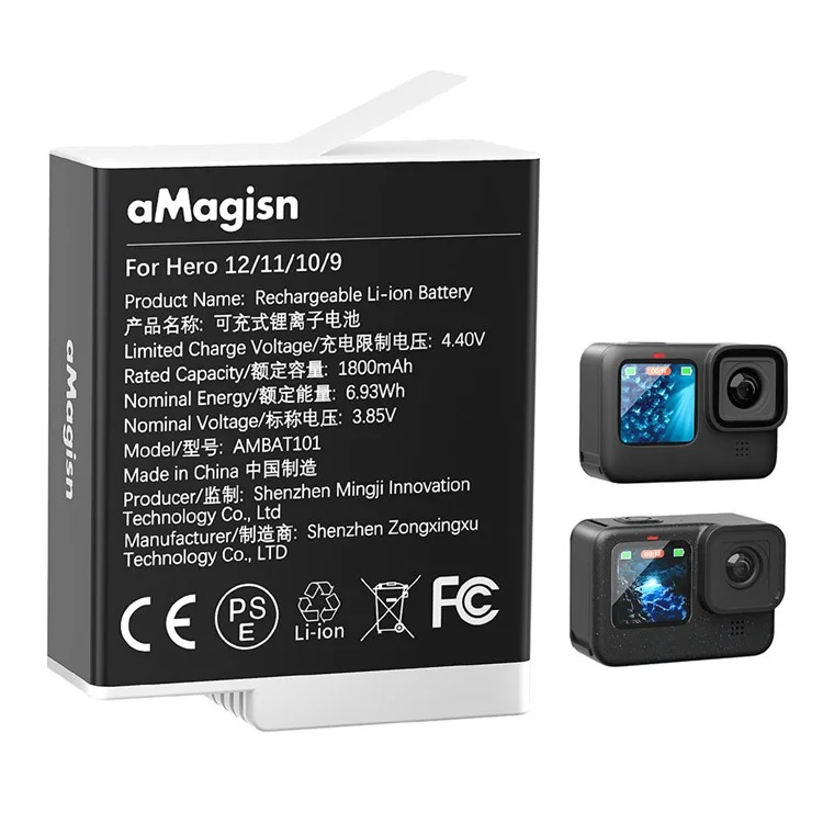 AMAGISN per GoPro Hero 12 / 11 / 10 / 9 Telecamere sportive 3.85V 1800mAh Batteria ricaricabile Li-Ion
