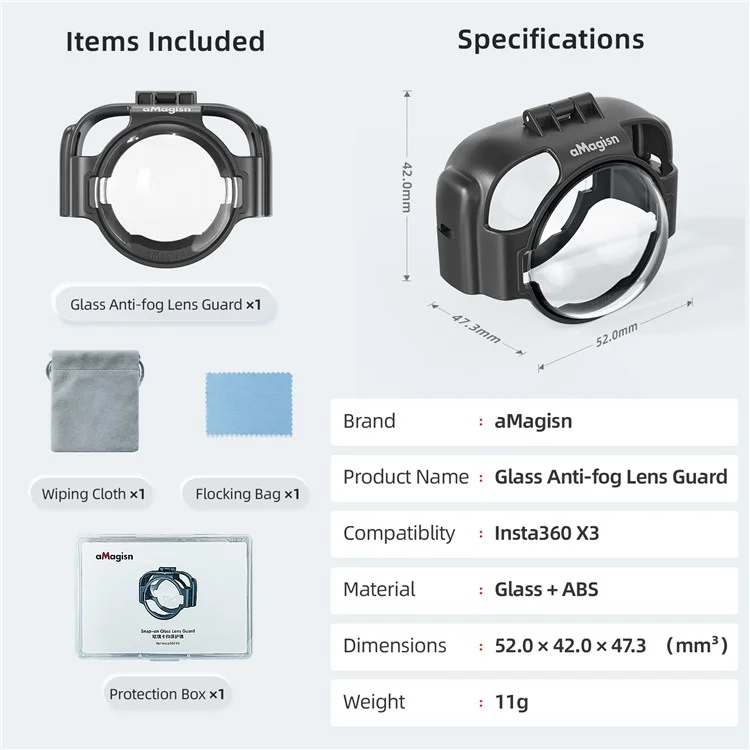 Amagisn Für Insta360 X3 Glass-anti-fog-objektiv-schutzschutz Mit Silikonlinsenkappe, Kamerafall