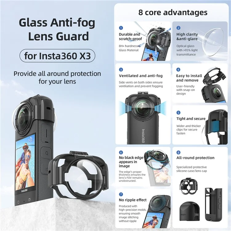 Amagisn Für Insta360 X3 Glass-anti-fog-objektiv-schutzschutz Mit Silikonlinsenkappe, Kamerafall