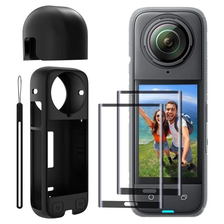 For Insta360 X4 Camera Silicone Cover with Silicone Lens Cover + 2 Tempered Glass Screen Protector