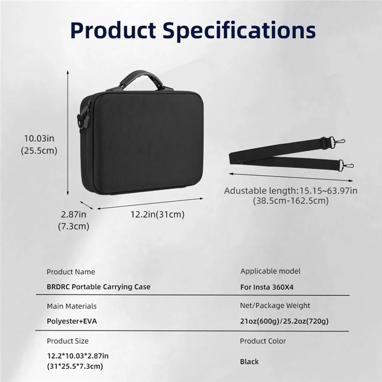 BRDRC For Insta360 X5 / Insta360 X4 Carrying Case with Shoulder Strap Protective Storage Polyester+EVA Bag