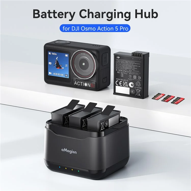 AMAGISN Caricatore triplo per batterie DJI Osmo Action 5 Pro, accessori per fotocamera