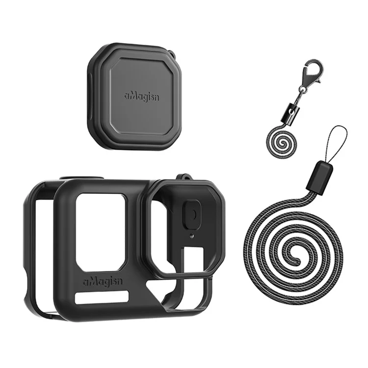 AMAGISN Silicone Protective Case for Insta360 Ace Pro 2 Action Camera Cover with Lens Cap and Carrying Strap - Black