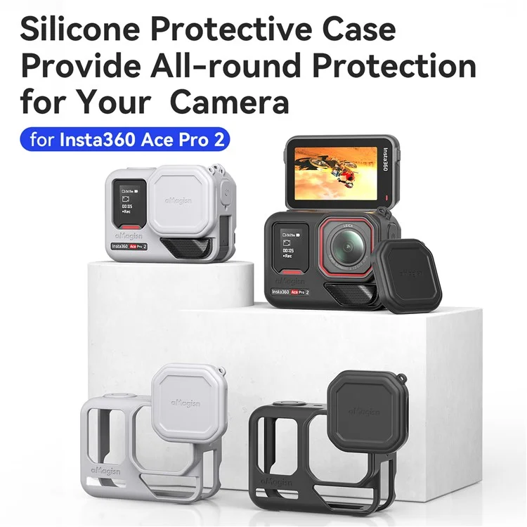 AMAGISN Silicone Protective Case for Insta360 Ace Pro 2 Action Camera Cover with Lens Cap and Carrying Strap - Black