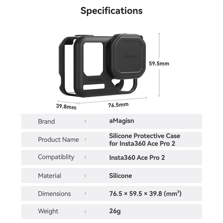 AMAGISN Silicone Protective Case for Insta360 Ace Pro 2 Action Camera Cover with Lens Cap and Carrying Strap - Black