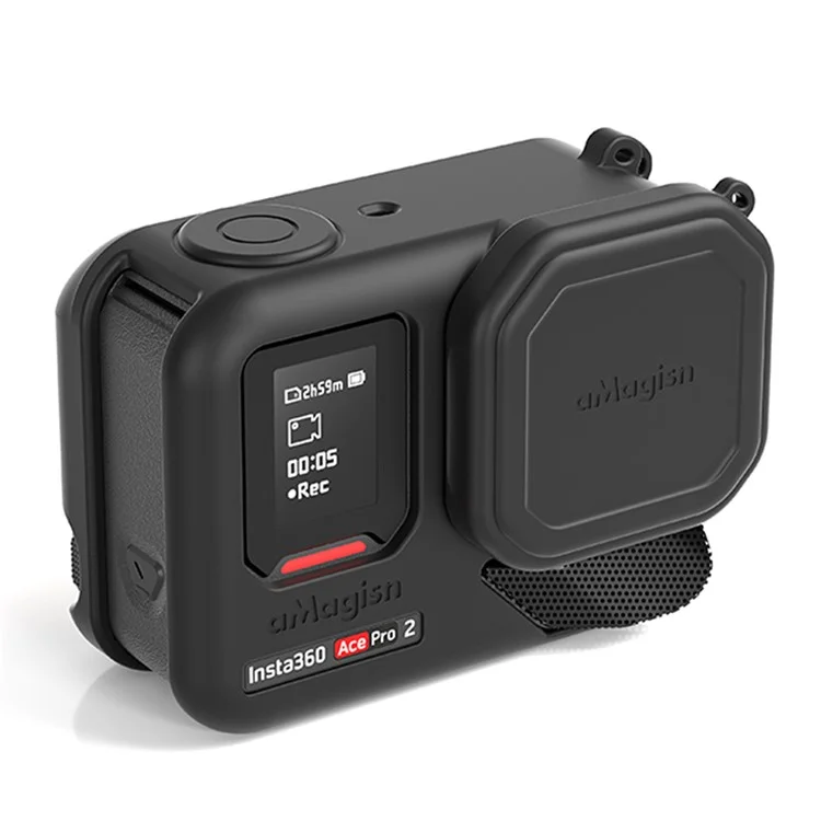 AMAGISN Silicone Protective Case for Insta360 Ace Pro 2 Action Camera Cover with Lens Cap and Carrying Strap - Black
