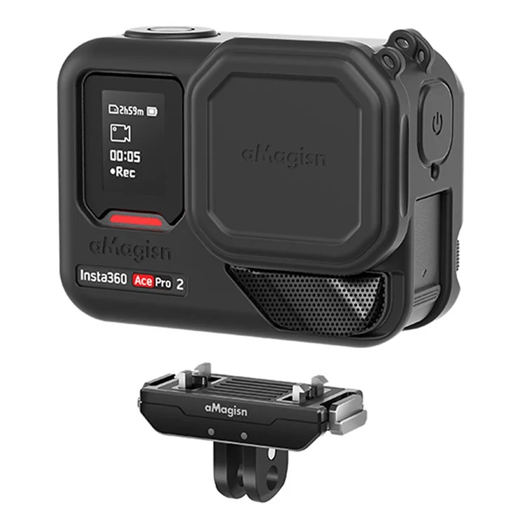 AMAGISN Silicone Protective Case for Insta360 Ace Pro 2 Action Camera Cover with Lens Cap and Carrying Strap - Black
