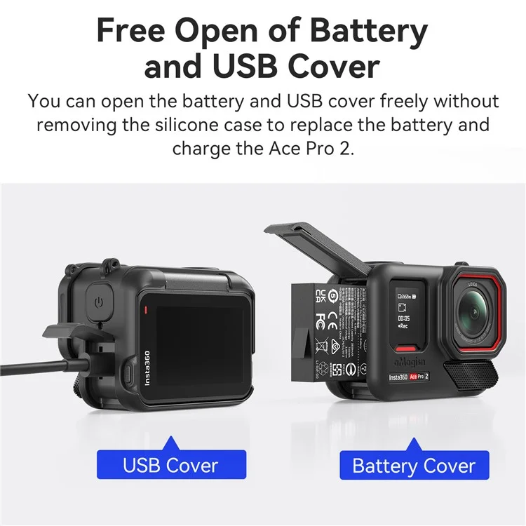 AMAGISN Silicone Protective Case for Insta360 Ace Pro 2 Action Camera Cover with Lens Cap and Carrying Strap - Black