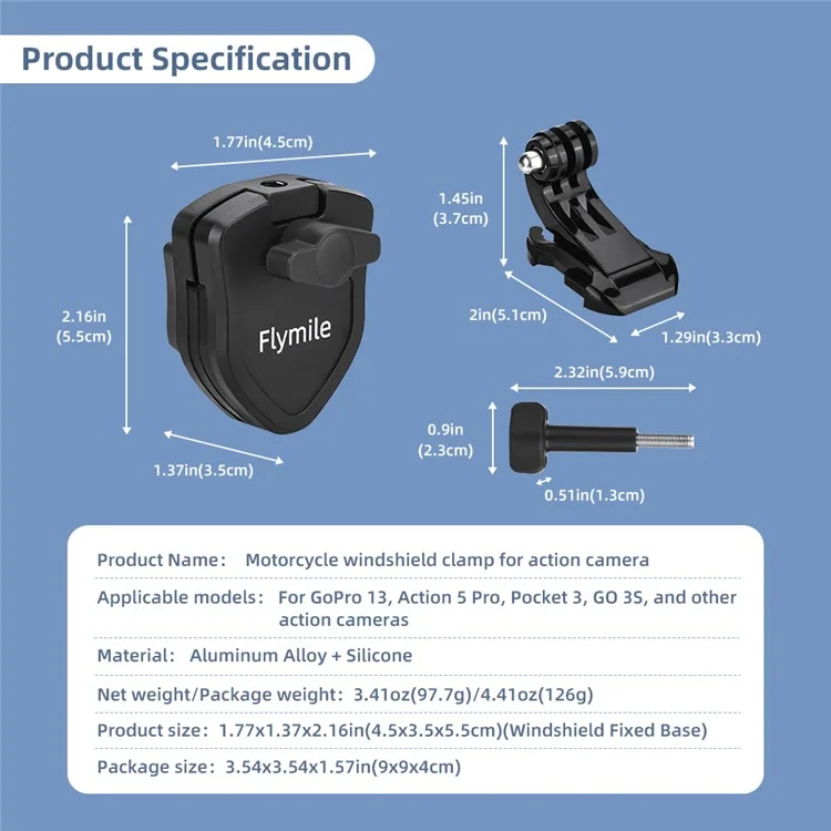 FLYMILE Motorrad-Windschutzscheiben-Halterung für Action-Kamera, Aluminiumlegierung + Silikon-Kamerahalterung
