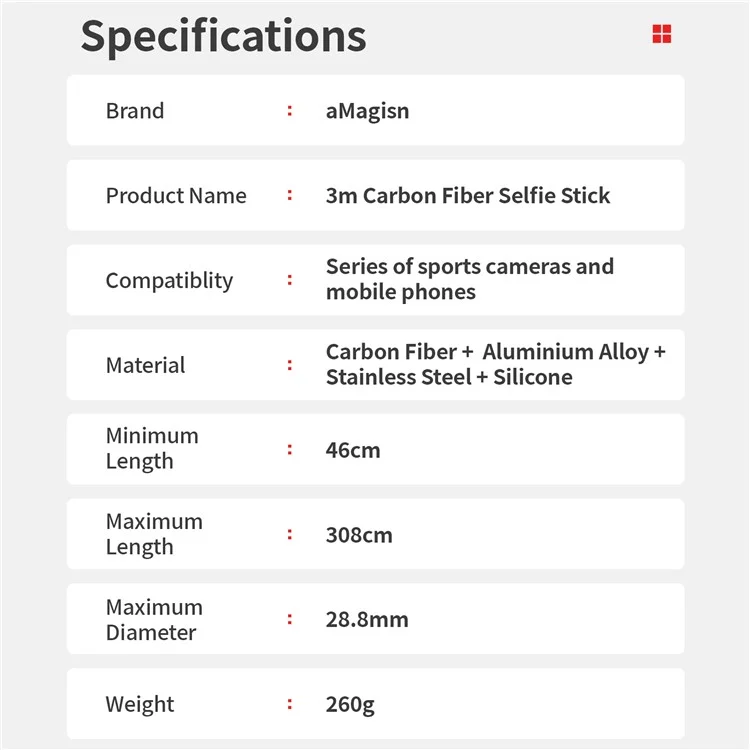 AMAGISN 3m Carbon Fiber Selfie Stick Sports Camera Extension Pole for Insta360  /  DJI  /  GoPro