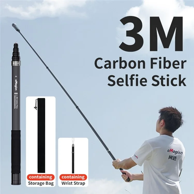 AMAGISN 3m Carbon Fiber Selfie Stick Sports Camera Extension Pole for Insta360  /  DJI  /  GoPro