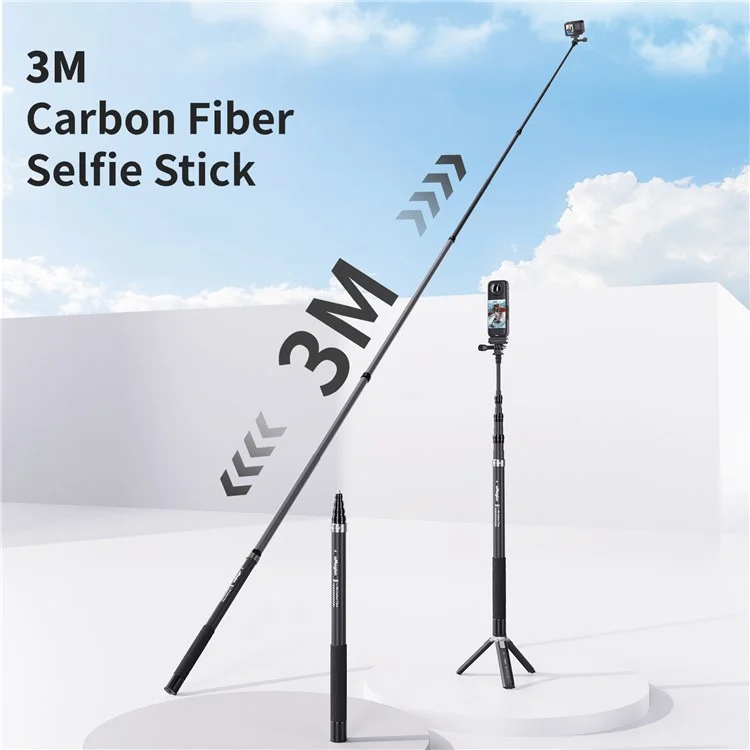 AMAGISN 3m Carbon Fiber Selfie Stick Sports Camera Extension Pole for Insta360  /  DJI  /  GoPro