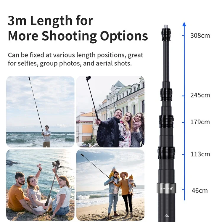 AMAGISN 3m Carbon Fiber Selfie Stick Sports Camera Extension Pole for Insta360  /  DJI  /  GoPro