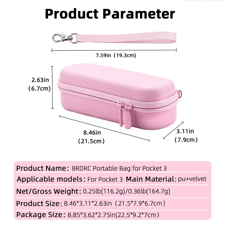Borsa portatile BRDRC per DJI Osmo Pocket 3, custodia da trasporto per fotocamera con cerniera e gancio in metallo, colore rosa.