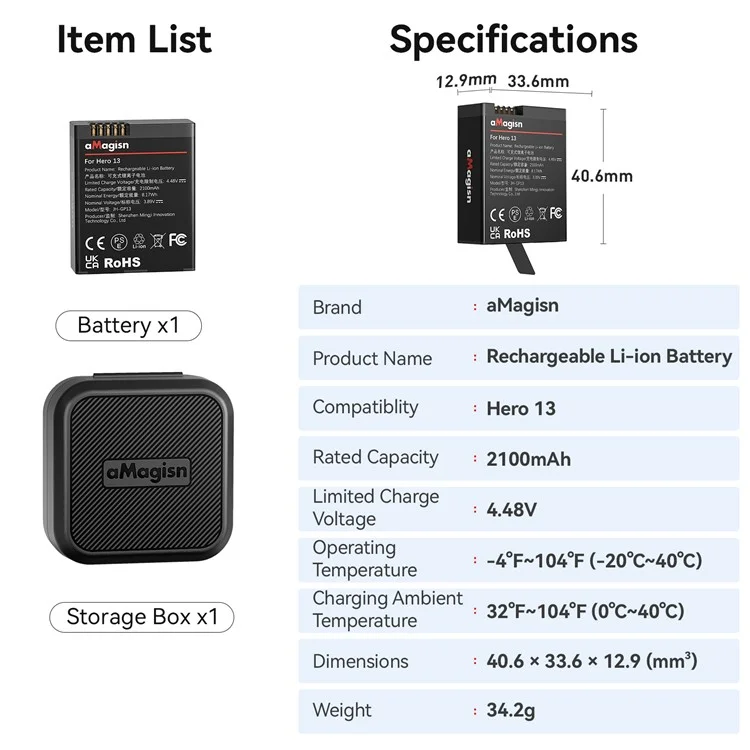 Batterie rechargeable Enduro 2100mAh Li-Ion basse température pour GoPro Hero 13