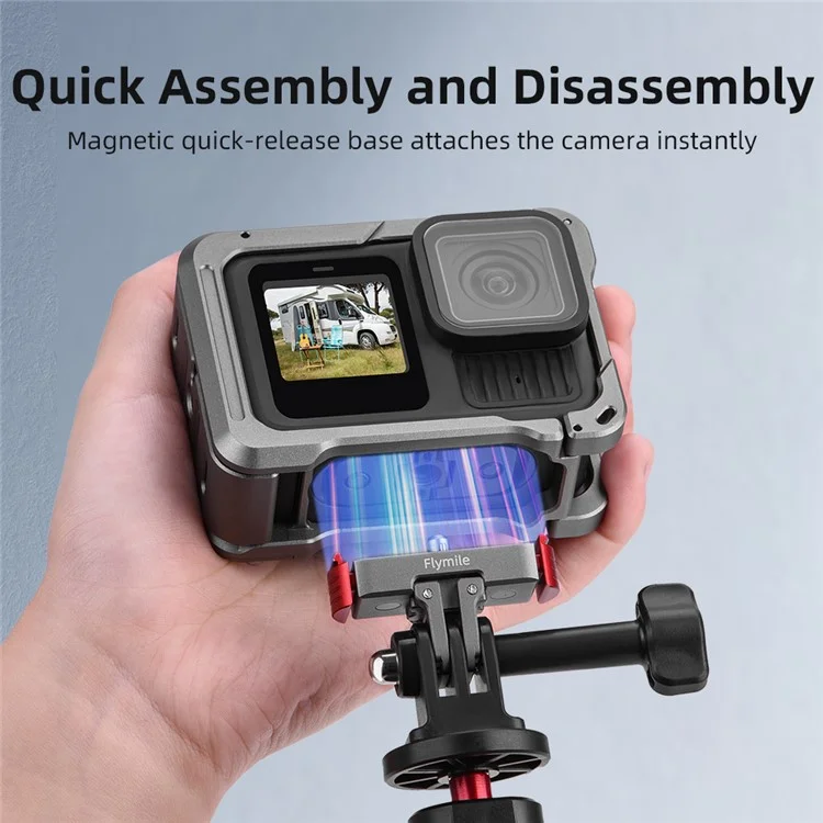 FLYMILE Pour GoPro Hero 13 / 12 / 11 / 10 / 9 Base de déverrouillage rapide en métal / Cadre de protection en aluminium / Support d'accessoires extensible