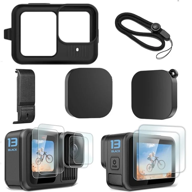 For GoPro Hero 13 Black Tempered Glass Screen Protector Lens Film with Silicone Cover and Wrist Strap Accessories Kit