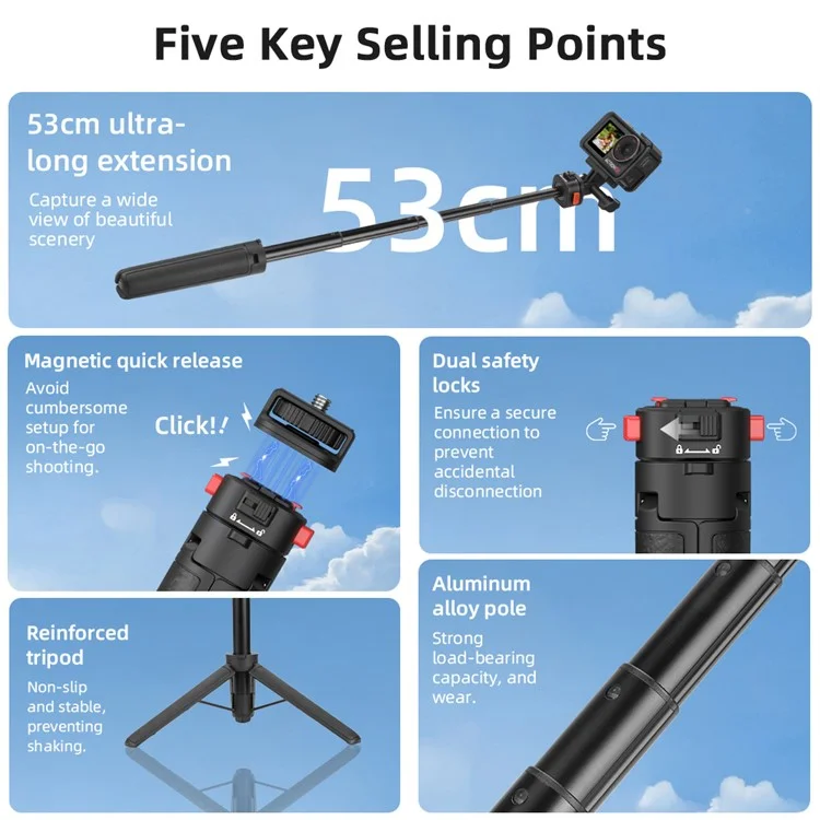 FLYMILE Magnetischer Schnellverschluss-Stativständer, 53 cm ausziehbar, für Actionkameras