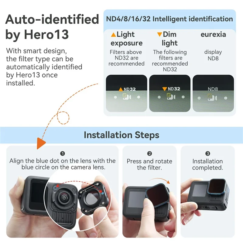 AMAGISN Lens Waterproof Filter For GoPro Hero 13 / 12 / 11 / 11 Mini / 10 / 9 , ND4 / 8 / 16 / 32 Camera Accessories Kit