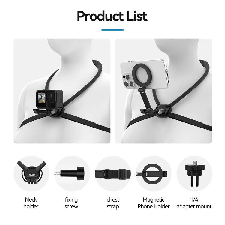 TELESIN SE2.0 2 In 1 Magnetic Neck Mount Kit Hands Free Camera / Phone Neck Holder for POV Shooting