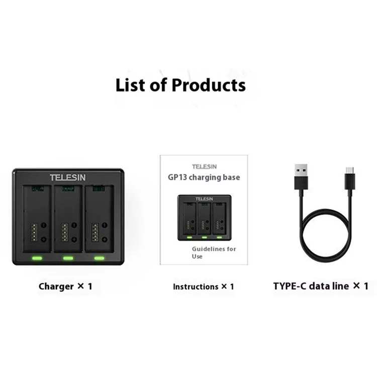 TELESIN S0-BCG-1 For GoPro Hero 13 Battery Charging Dock Base 3 Slots Charging Box