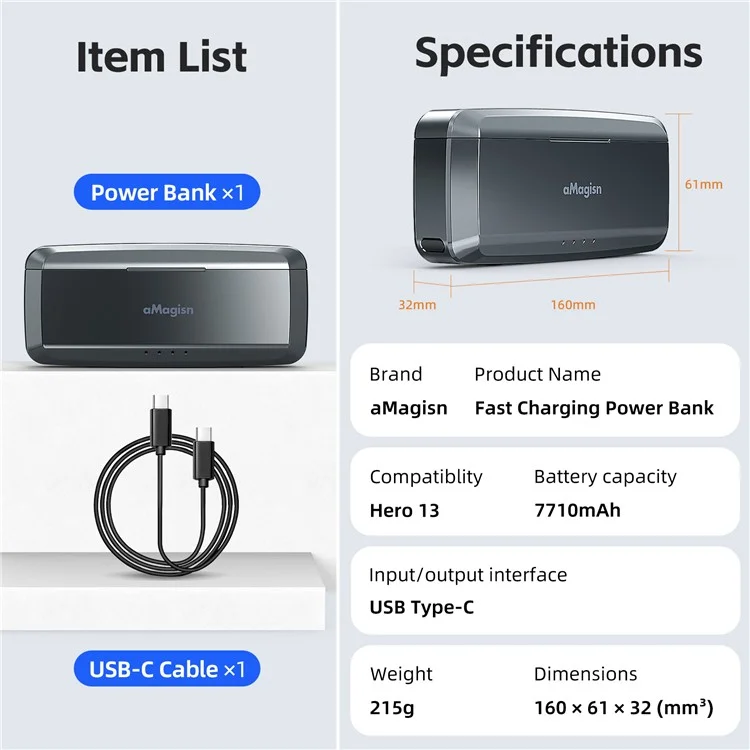 AMAGISN Per GoPro Hero 13 Power Bank a Ricarica Rapida 7710mAh Caricabatterie per Fotocamera Accessorio