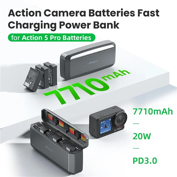 AMAGISN For DJI Osmo Action 5 Pro Fast Charging Power Bank 7710mAh Camera Battery Charger Accessory