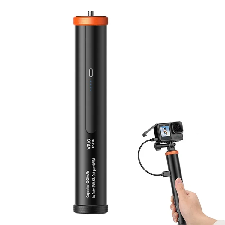 VRIG TP-01S Batterie externe 10 000 mAh à charge rapide 18W avec poignée en alliage d'aluminium pour caméras d'action Action5 / Insta360 / GoPro
