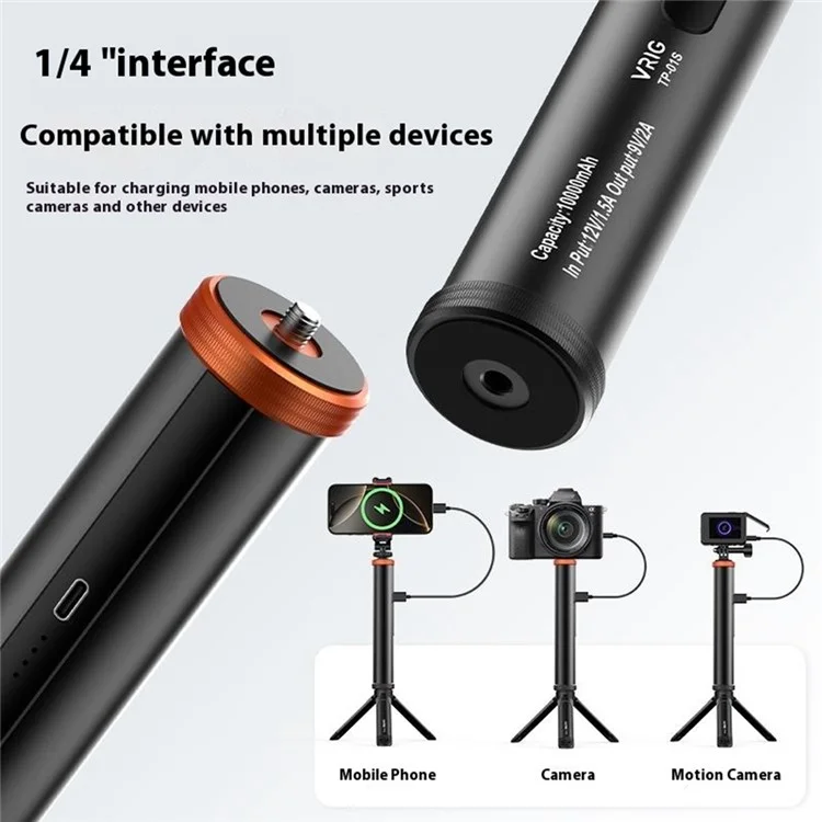 VRIG TP-01S Batterie externe 10 000 mAh à charge rapide 18W avec poignée en alliage d'aluminium pour caméras d'action Action5 / Insta360 / GoPro