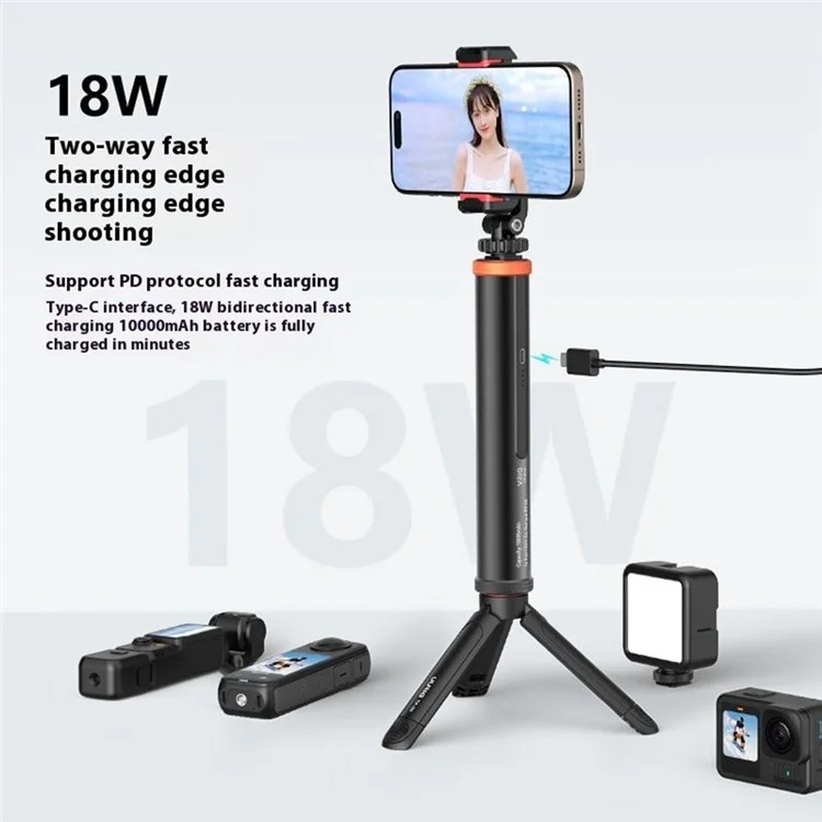 VRIG TP-01S Batterie externe 10 000 mAh à charge rapide 18W avec poignée en alliage d'aluminium pour caméras d'action Action5 / Insta360 / GoPro