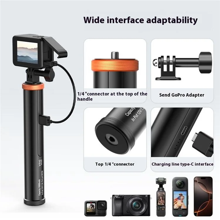 VRIG TP-01S Batterie externe 10 000 mAh à charge rapide 18W avec poignée en alliage d'aluminium pour caméras d'action Action5 / Insta360 / GoPro